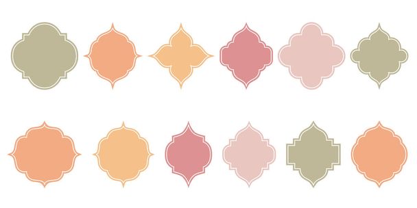 Ισλαμικό παράθυρο επίπεδη χρώμα και γραμμή συλλογής σχήμα. Παστέλ ουδέτερο, μπόχο χρώματα. Αραβικά, μουσουλμανική αρχιτεκτονική πλαίσιο. Παραδοσιακό ανατολίτικο σχέδιο - Διάνυσμα, εικόνα
