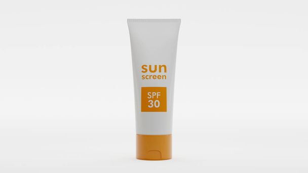 Protector solar en un tubo cosmético sobre fondo blanco limpio 3d renderizado ilustración. Daño de la piel UV causado por el remedio de exposición al sol. - Foto, imagen