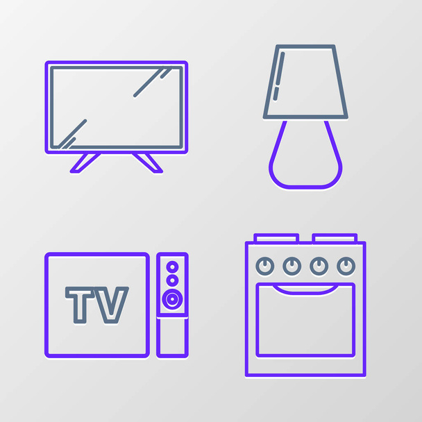 Set line Oven, TV box receiver and player with remote controller, Table lamp and Smart Tv icon. Vector - Vector, Image