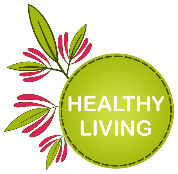 Текст "Здоровая жизнь" написан на зеленом фоне с элементом листьев. - Фото, изображение