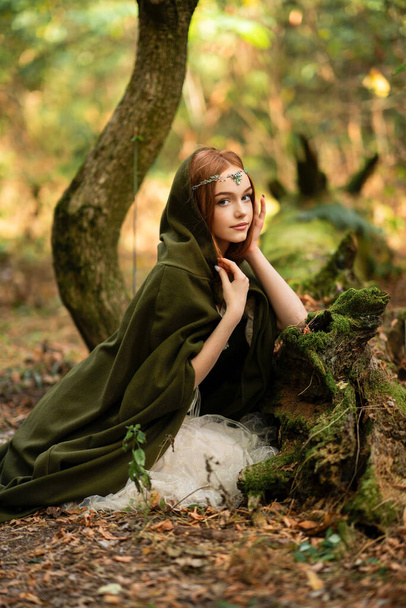 Portrait of  a beautiful red haired girl in green medieval dress near moss tree. Fairy tale story about elven.Amazing model posing in forest .Warm art work - Photo, Image