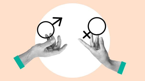 Коллаж с руками, держащими мужской и женский гендерный знак, символизирующий равенство, изолированное на розовом фоне. Сексуальное образование. Понятие любви, свободы, осознания. - Фото, изображение