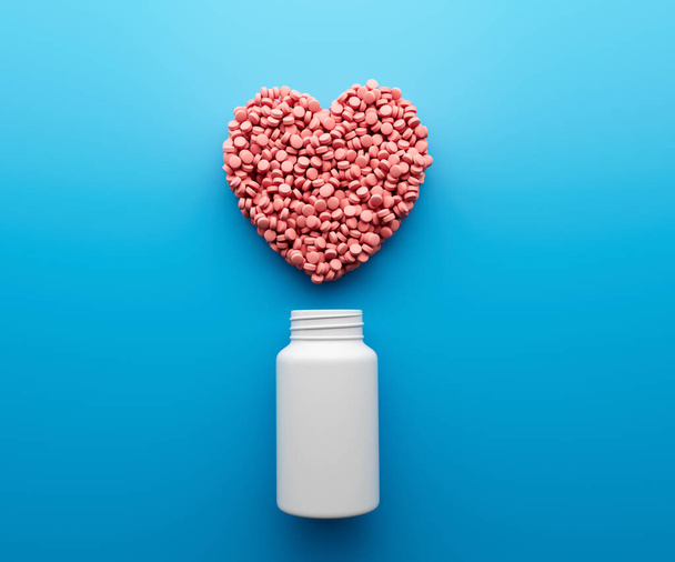 3d κενό λευκό χάπι μπουκάλι με 3d σχήμα καρδιάς εικονίδιο συμβόλων σε μπλε φόντο 3d εικονογράφηση - Φωτογραφία, εικόνα