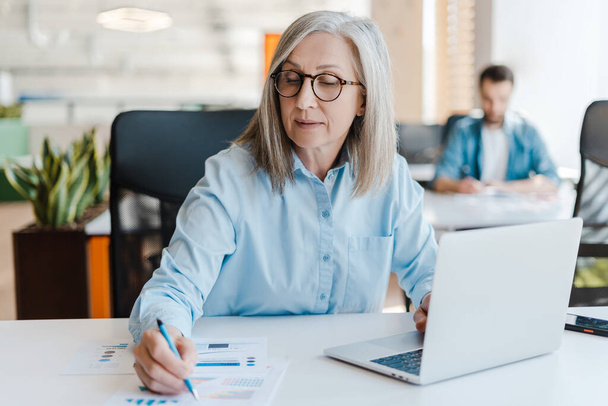 Caucasian stylish gray haired mature adult business woman, making notes on a notebook, sitting at desk with laptop, working on new startup project in modern office interior. Business. People. Career - Photo, Image
