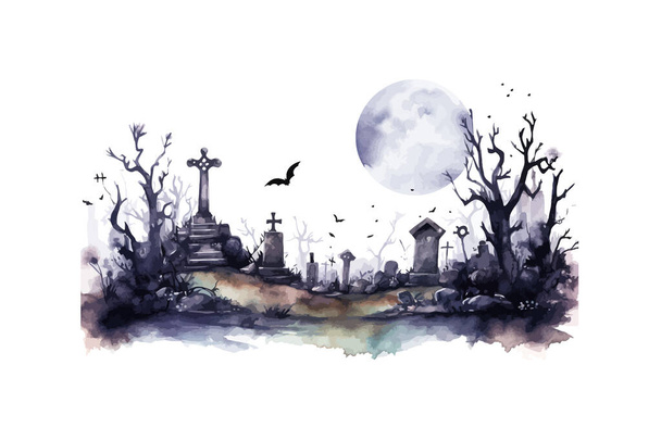 Acuarela espeluznante cementerio de Halloween clipart. Diseño de ilustración vectorial. - Vector, imagen