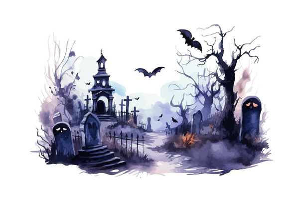 Aquarelle effrayant Halloween Cimetière clipart. Illustration vectorielle. - Vecteur, image