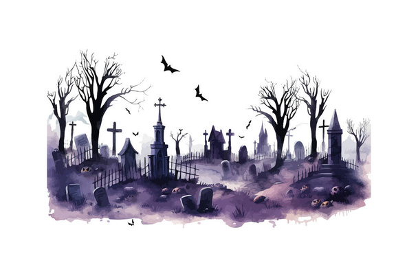 Aquarela assustador Halloween clipart Cemitério. Desenho de ilustração vetorial. - Vetor, Imagem