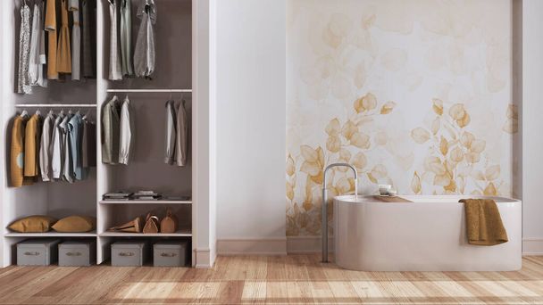 Minimalistická dřevěná koupelna s šatnou v bílém a žlutém odstínu. Volně stojící vana, tapety a dekorace. Skandinávský design interiéru - Fotografie, Obrázek