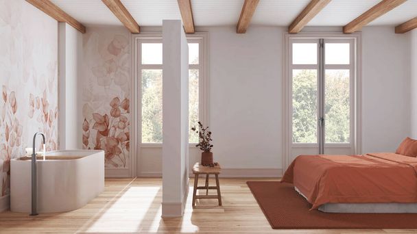 Minimalistické nordické dřevěné lázeňské apartmá v bílém a oranžovém tónu. Ložnice a koupelna s vanou. Parket a trámy strop. Skandinávský design interiéru - Fotografie, Obrázek