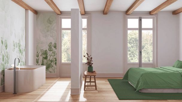Minimalistické dřevěné lázeňské apartmá v bílých a zelených tónech. Ložnice a koupelna s vanou. Parket a trámy strop. Skandinávský design interiéru - Fotografie, Obrázek
