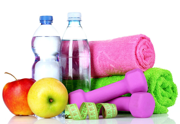 Towel, dumbbells and water bottle - Foto, Imagen