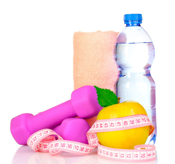 Towel, apple with measure tape, dumbbells and water bottle isola - Fotografie, Obrázek