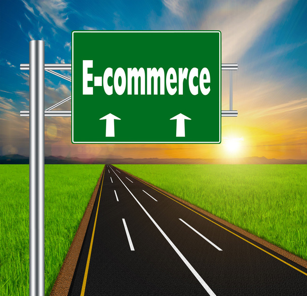 Zielony znak drogowy koncepcji E-commerce na miękki naturalny krajobraz bac - Zdjęcie, obraz