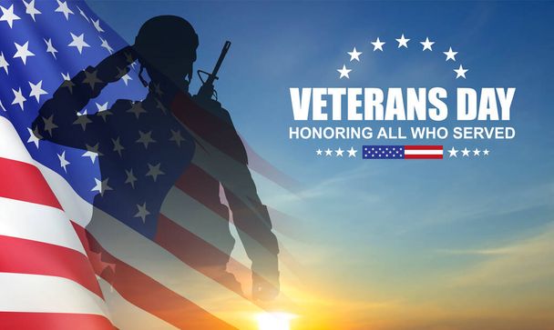Silhouette di soldato con bandiera USA contro il tramonto. Biglietto di auguri per la Giornata dei Veterani, Giorno della Memoria, Giorno dell'Indipendenza. Vettore EPS10 - Vettoriali, immagini