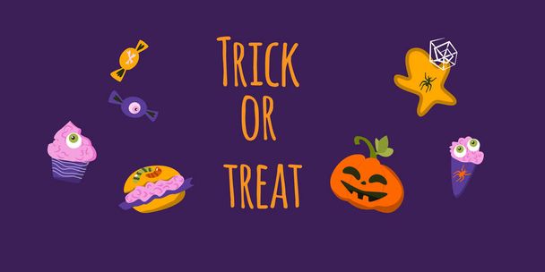 Halloween Food Banner Trick oder Leckereien auf violettem Hintergrund. Vektorillustration im Cartoon-Stil.  - Vektor, Bild