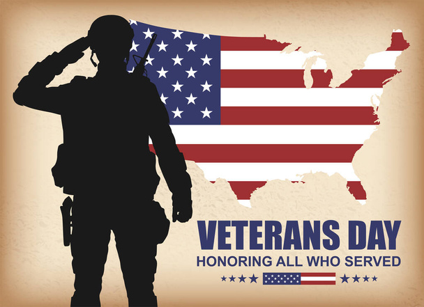 Cartel del día de los veteranos. Silueta del soldado estadounidense de saludo militar. EPS10 vector - Vector, imagen