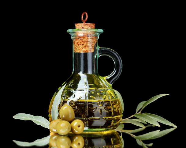 Olive oil in jar and olives - Photo, image