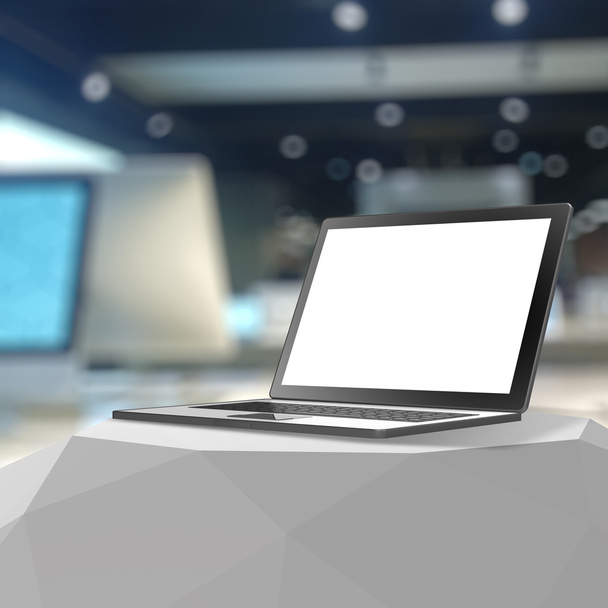 Laptop 3d con pantalla en blanco sobre tabla laminada y fondo borroso
 - Foto, imagen