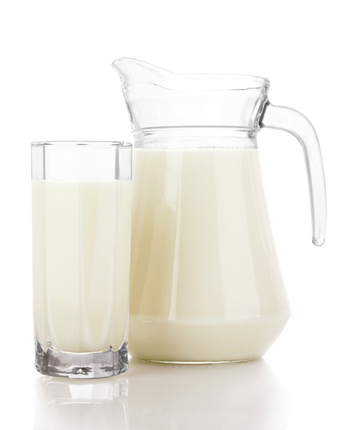 Pitcher and Glass with milk isolated on white - Φωτογραφία, εικόνα