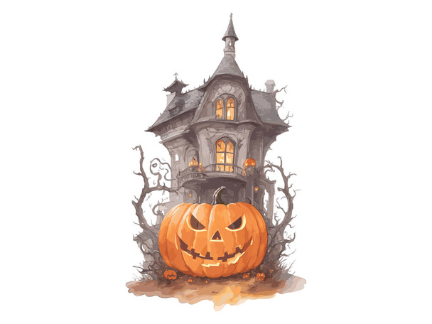 Хеллоуїн привидами будинок з гарбузом Векторний ілюстраційний кліпарт - Вектор, зображення