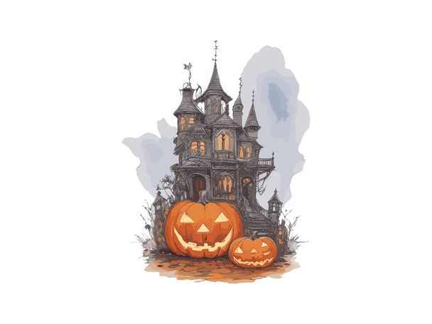Хеллоуїн привидами будинок з гарбузом Векторний ілюстраційний кліпарт - Вектор, зображення