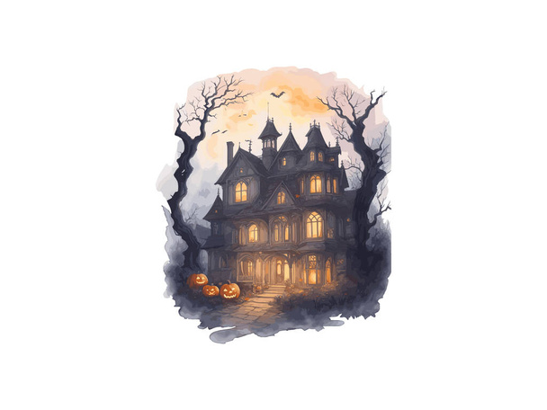 Acquerello Halloween Haunted House con zucca vettore illustrazione clip art - Vettoriali, immagini