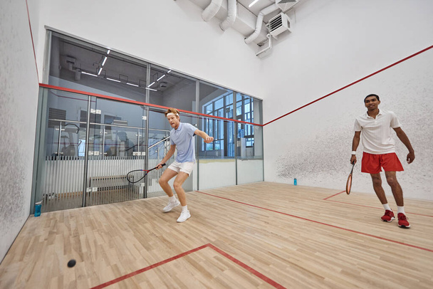 dynamic interracial sportsmen playing squash together inside of court, challenge and motivation - Foto, Bild