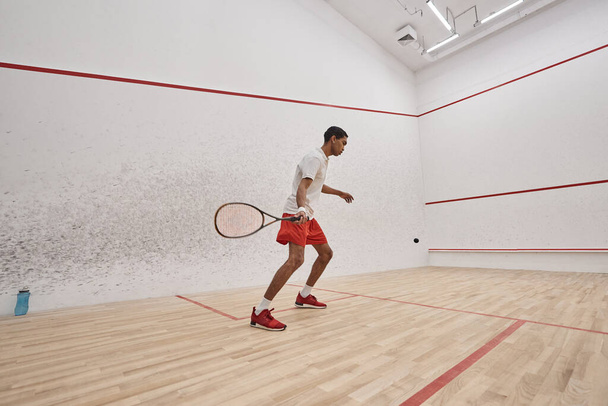 fit africký americký sportovec v červených šortkách držení rakety při hraní squash uvnitř soudu - Fotografie, Obrázek