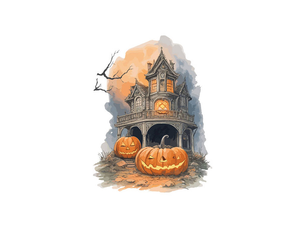 Акварель Хеллоуїн привидами будинок з гарбузом Векторні ілюстрації кліп-арт - Вектор, зображення