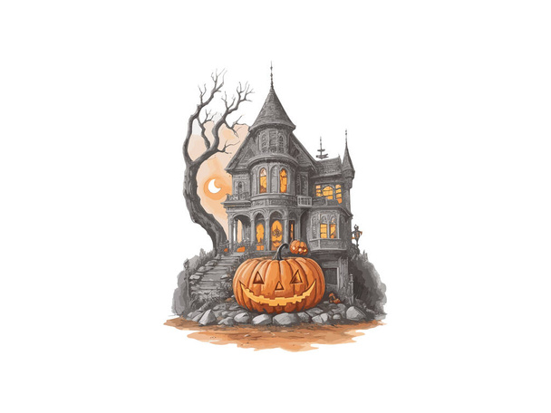 Aquarell Halloween Spukhaus mit Kürbis Vektor Illustration Clip Art - Vektor, Bild