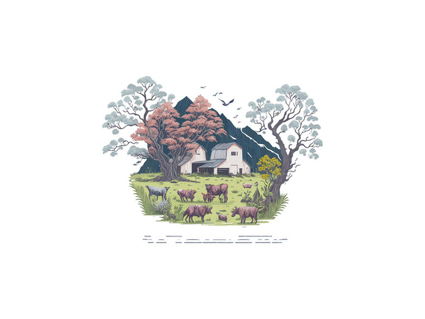 Vektorové ilustrace přírody krajiny hory stromy kempování cestování dobrodružství, farmi dům - Vektor, obrázek