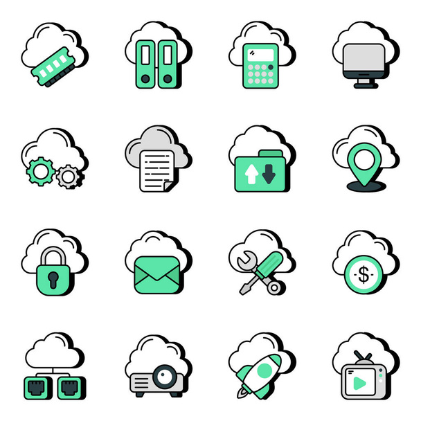 Paquete de iconos planos de computación en nube - Vector, imagen