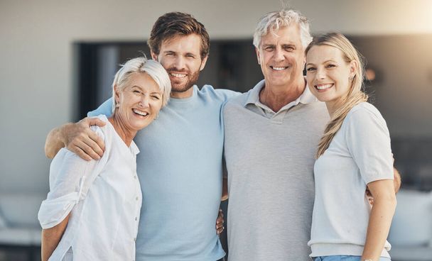 Real estate, senior parents or portrait of happy family with smile in new house, apartment or residence. Retirement, mature mom or father with loan, woman or proud man moving in property investment. - Photo, Image