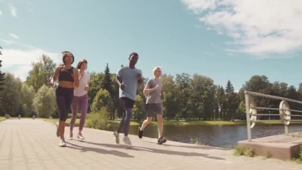 Całkowite ujęcie czterech młodych atletycznych mężczyzn i kobiet biegających razem po chodniku w ciepły słoneczny dzień - Materiał filmowy, wideo