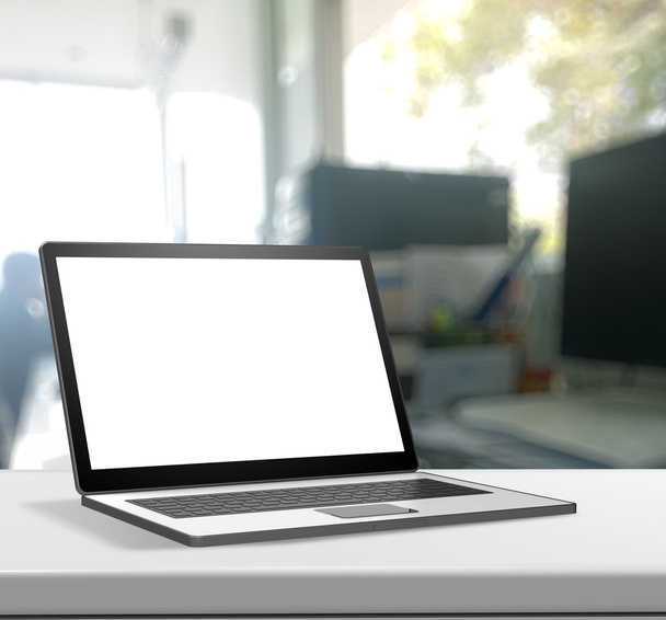 Laptop 3d con schermo bianco su tavolo laminato e schienale sfocato
 - Foto, immagini