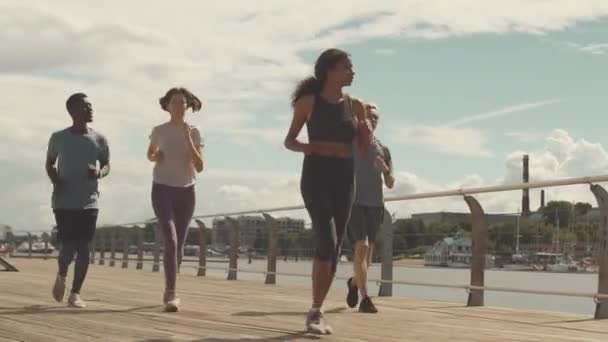 Pełna długość ujęcia czterech młodych aktywnych mężczyzn i kobiet w odzieży sportowej biegających wzdłuż mostu oświetlonego światłem słonecznym - Materiał filmowy, wideo