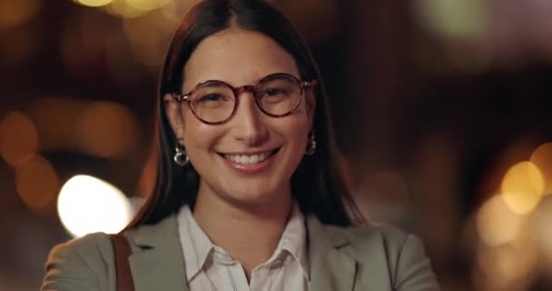 Face, glasses and business woman in city at night, bokeh and funny laugh outdoor. Portrait, happy professional and corporate consultant, entrepreneur and confident employee in urban town in Brazil. - Footage, Video