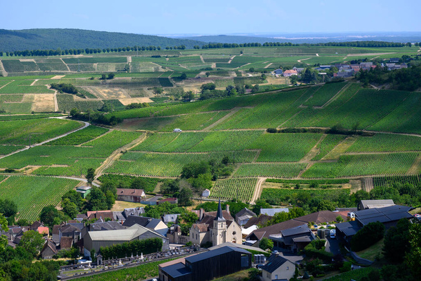 Vista aérea de los viñedos montañosos de denominación Sancerre Chavignol, departamento de Cher, Francia, con vistas al valle del Loira, conocido por su vino blanco Sancerre seco savignon blanc - Foto, Imagen