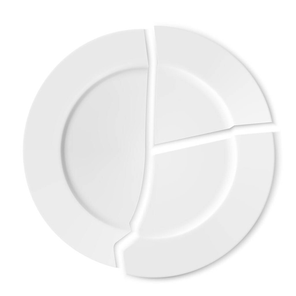 白い背景に隔離された影が付いている壊れた白い陶磁器版. 現実的な3Dベクトルイラスト. キッチン用品,料理,家庭用品,ガラス製品のテーブルウェアフラグメント - 写真・画像
