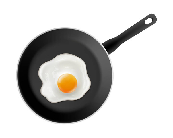 Gustose uova di pollo fritte su padella isolata su sfondo bianco. Uova strapazzate in una padella nera antiaderente Illustrazione vettoriale 3d realistica - Foto, immagini