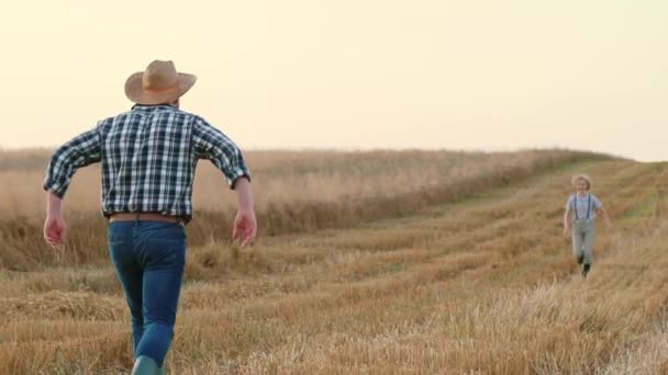 Horizontal shot. Father farmer running to son. Little boy running to father. Male farmer in checkered shirt and straw hat. Father spinning son in arms standing at field. Family agriculture business. - Footage, Video