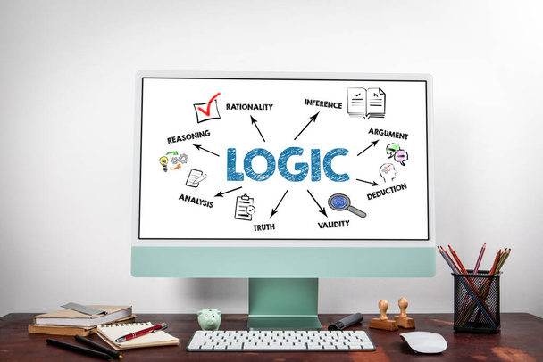 Концепція LOGIC. Ілюстрація з ключовими словами, піктограмами та стрілками. Комп'ютер на офісному столі. - Фото, зображення
