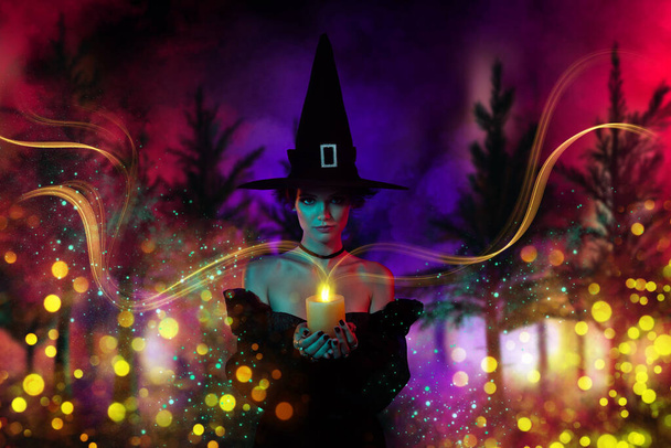 Imagen collage creativo de la dama bruja haciendo hechizo de hadas vudú utilizar la luz de la vela en los bosques encantados niebla mágica. - Foto, imagen