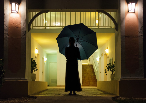 Жінка в силует холдингу парасольку  - Фото, зображення