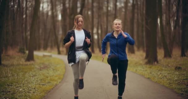 Active young female friends jogging together on road in garden - Footage, Video