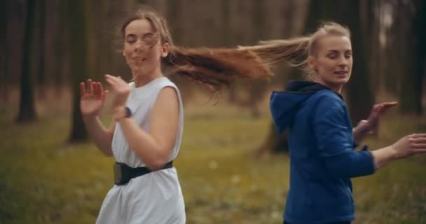 Sopii nuorille naispuolisille ystäville, jotka antavat ylävitosia, kun teet lämpimän liikunnan puistossa - Materiaali, video