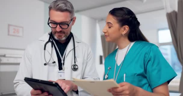 Doctor, nurse and tablet with hospital documents for healthcare management, training and student support. Medical student, people or mentor in funny conversation, digital results and clinic teamwork. - Footage, Video