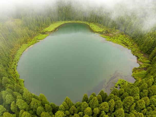 Εναέρια άποψη της λιμνοθάλασσας "Lagoa do Canario" που περιβάλλεται από καταπράσινο δάσος που βρίσκεται στο Σάο Μιγκέλ, Αζόρες, Πορτογαλία. - Φωτογραφία, εικόνα