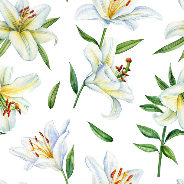 Nilüfer çiçeği, kusursuz çiçek deseni ve yeşil yapraklar elde boyanmış. Çiçek tasarımı. Yüksek kaliteli illüstrasyon - Fotoğraf, Görsel