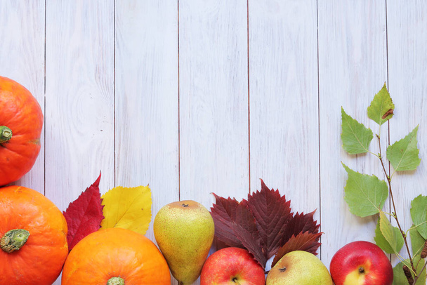Осенний фон с спелыми тыквами, яблоками и грушами. Концепция осеннего урожая на светлом деревянном фоне, вид сверху. Макет для сезонных праздничных открыток и баннеров. Продукты на столе - Фото, изображение